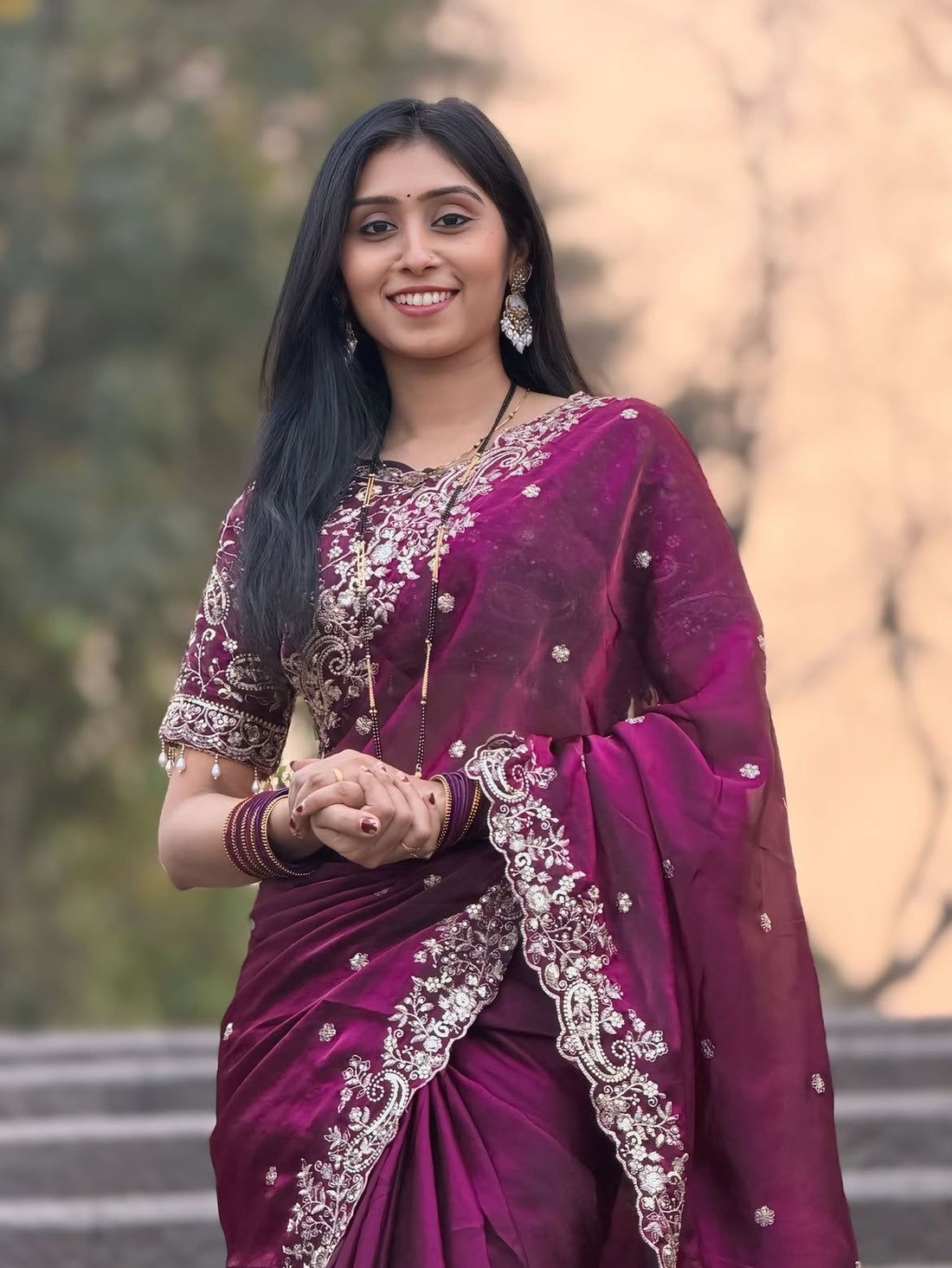 Fendy Wine Color Satin Saree with 3mm Sequin Embroidery