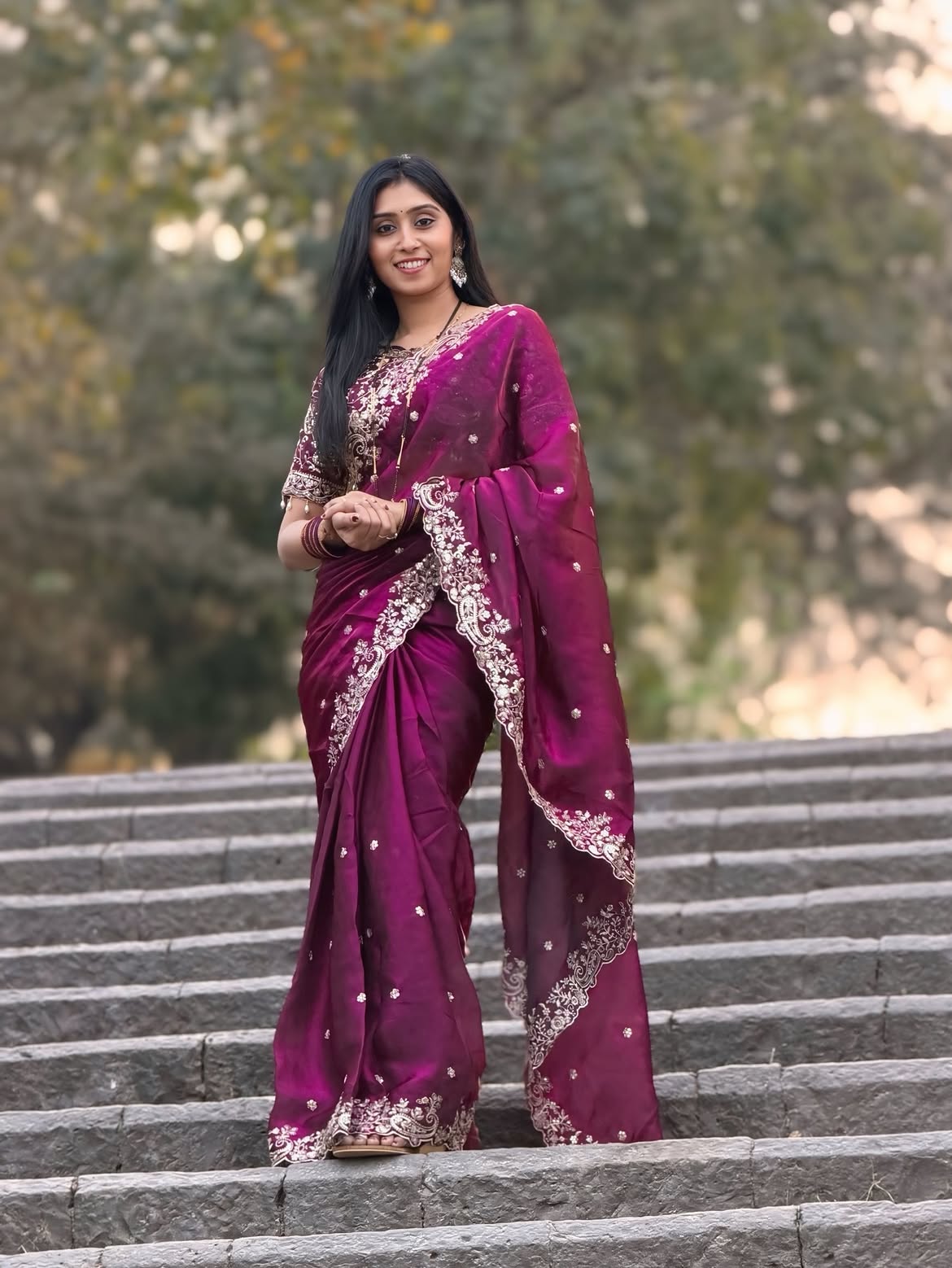 Fendy Wine Color Satin Saree with 3mm Sequin Embroidery