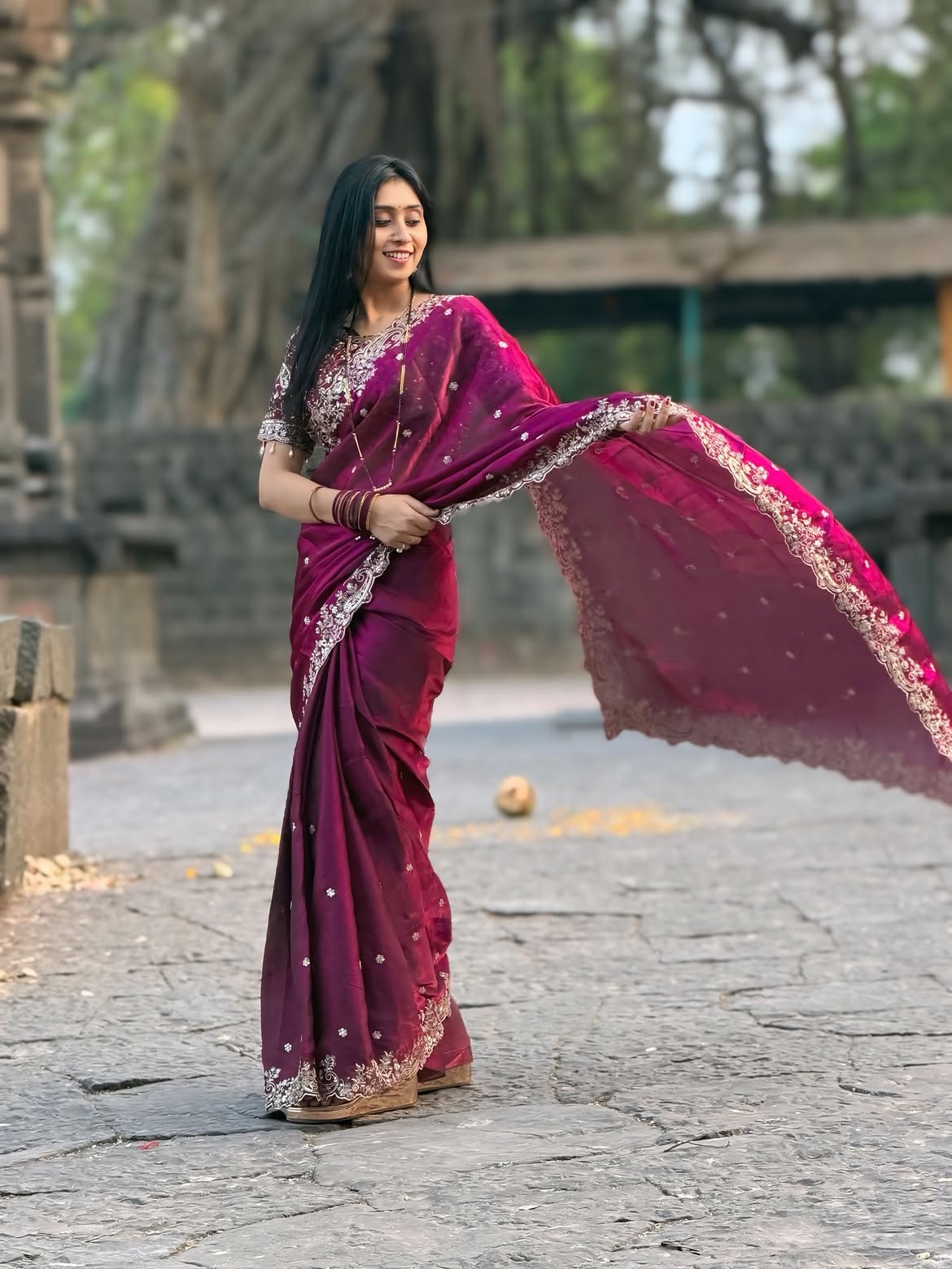 Fendy Wine Color Satin Saree with 3mm Sequin Embroidery