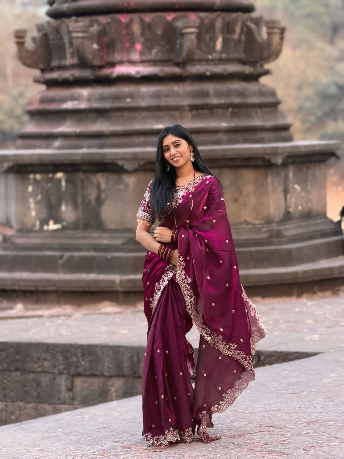 Fendy Wine Color Satin Saree with 3mm Sequin Embroidery