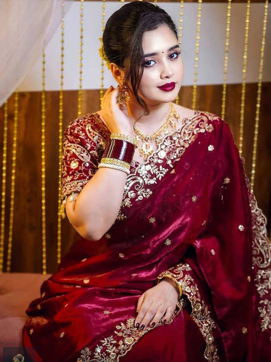 Fendy Marron Color Satin Saree with 3mm Sequin Embroidery