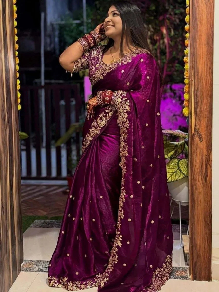 Fendy Wine Color Satin Saree with 3mm Sequin Embroidery