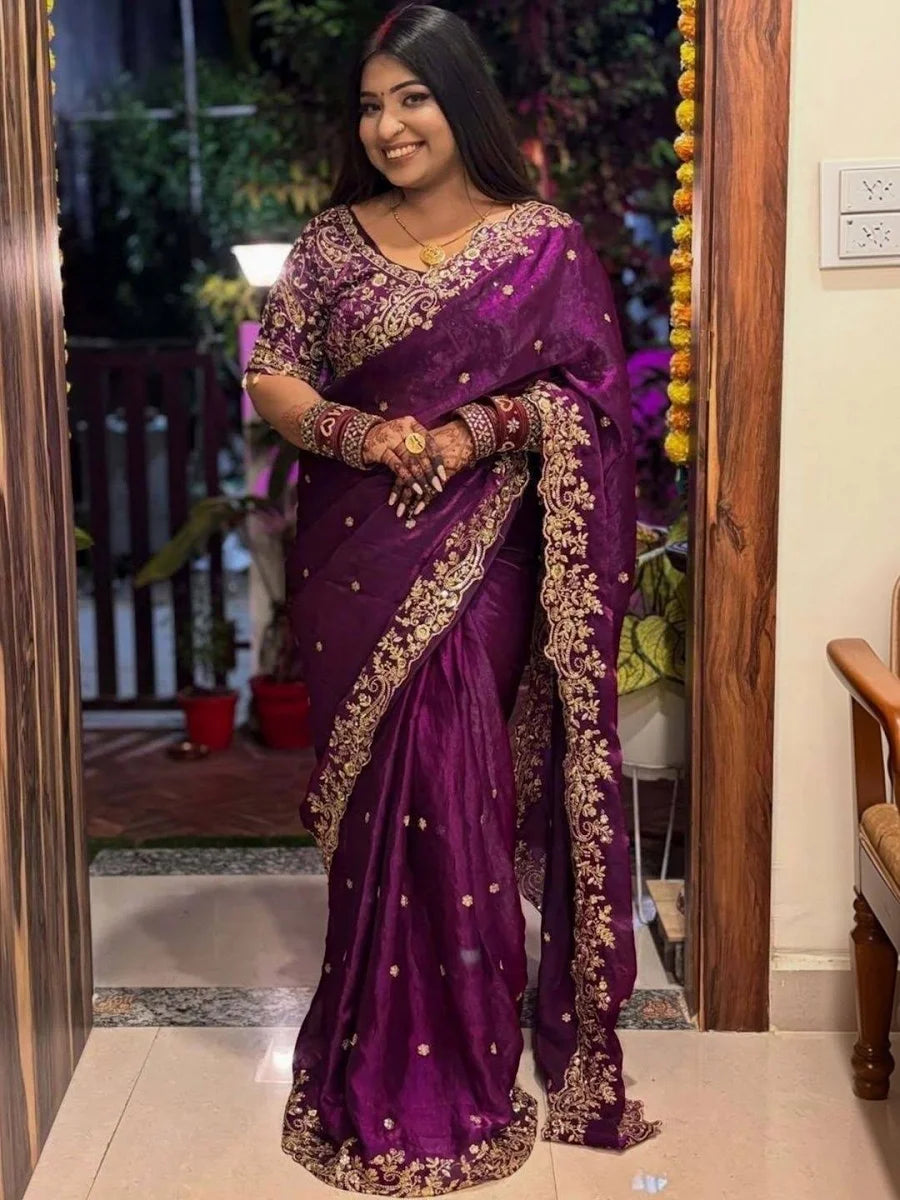 Fendy Wine Color Satin Saree with 3mm Sequin Embroidery