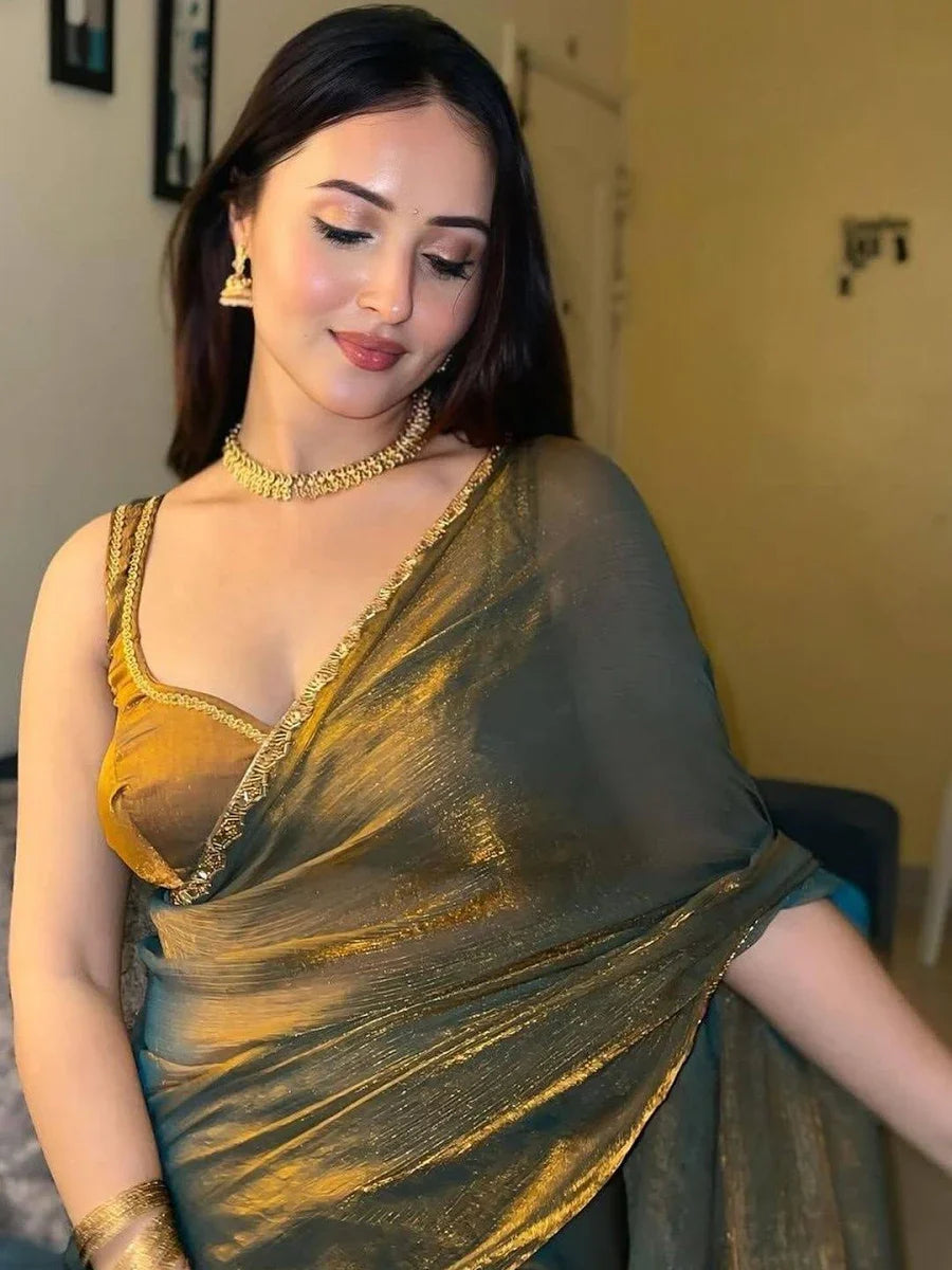 Elegant shimmer Tissue Teal Blue saree Lightweight & Stylish Drape
