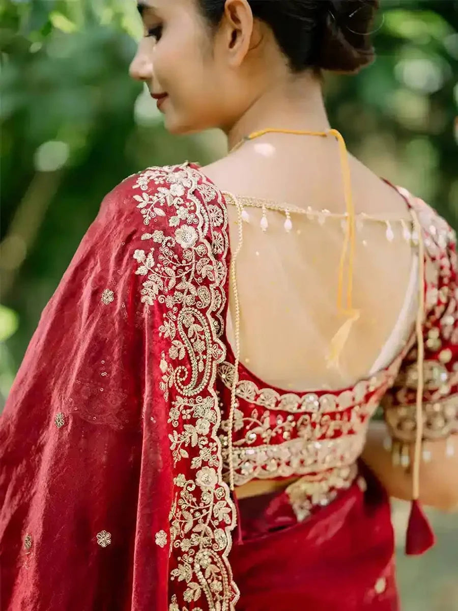Fendy Marron Color Satin Saree with 3mm Sequin Embroidery