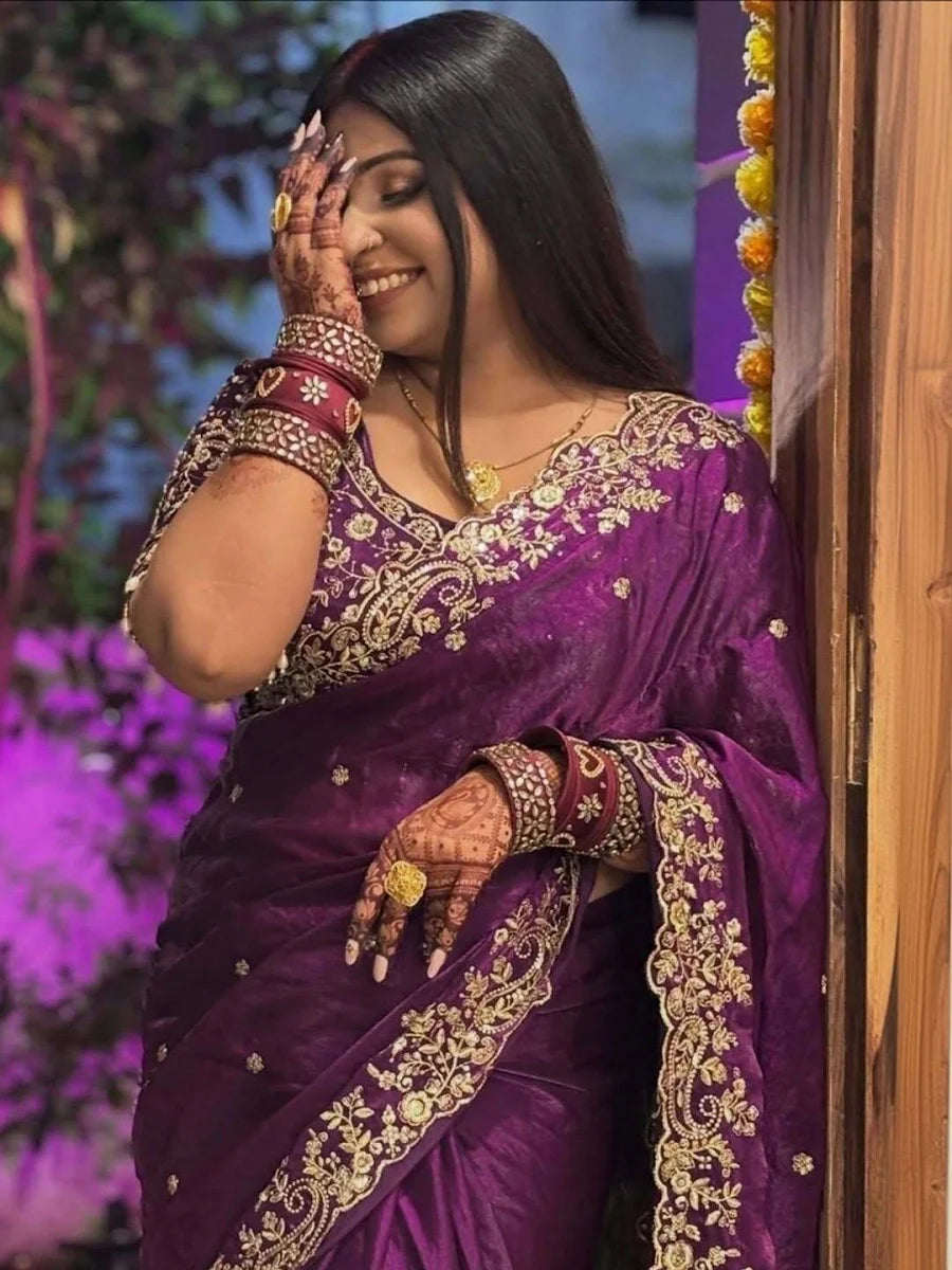 Fendy Wine Color Satin Saree with 3mm Sequin Embroidery