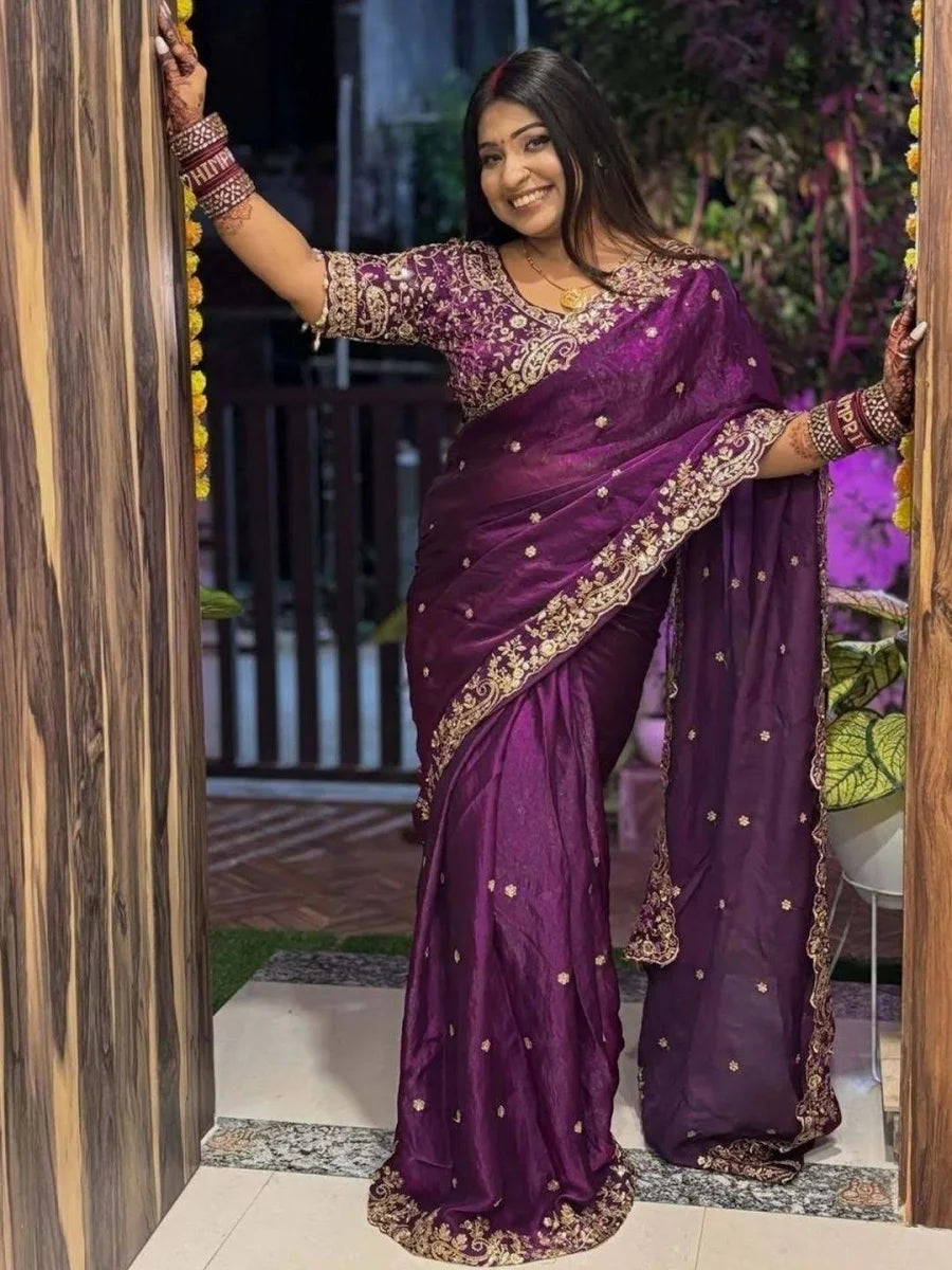 Fendy Wine Color Satin Saree with 3mm Sequin Embroidery