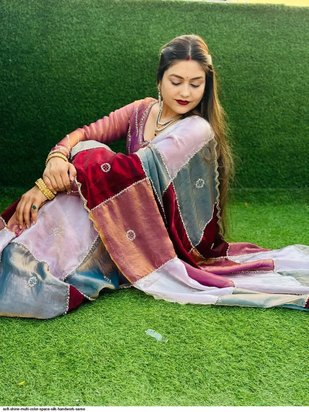 SOFT SHINE MULTI COLOR SPACE SILK HANDWORK SAREE A