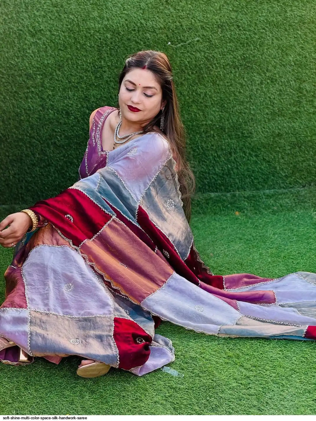 SOFT SHINE MULTI COLOR SPACE SILK HANDWORK SAREE A