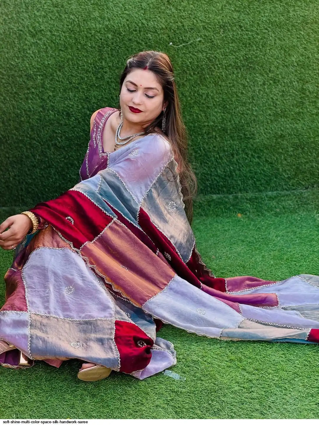 SOFT SHINE MULTI COLOR SPACE SILK HANDWORK SAREE A