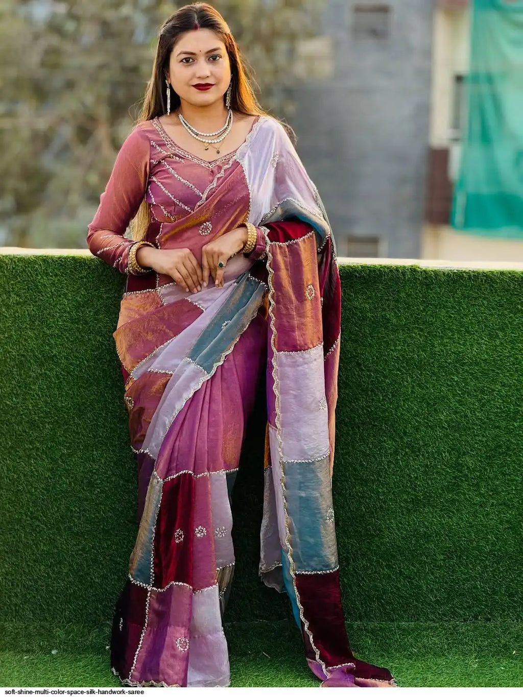 SOFT SHINE MULTI COLOR SPACE SILK HANDWORK SAREE A