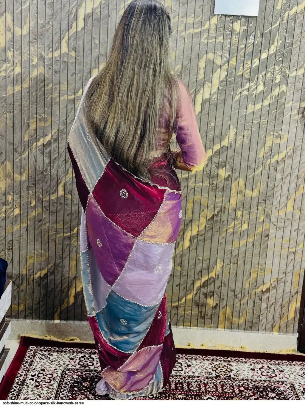 SOFT SHINE MULTI COLOR SPACE SILK HANDWORK SAREE A
