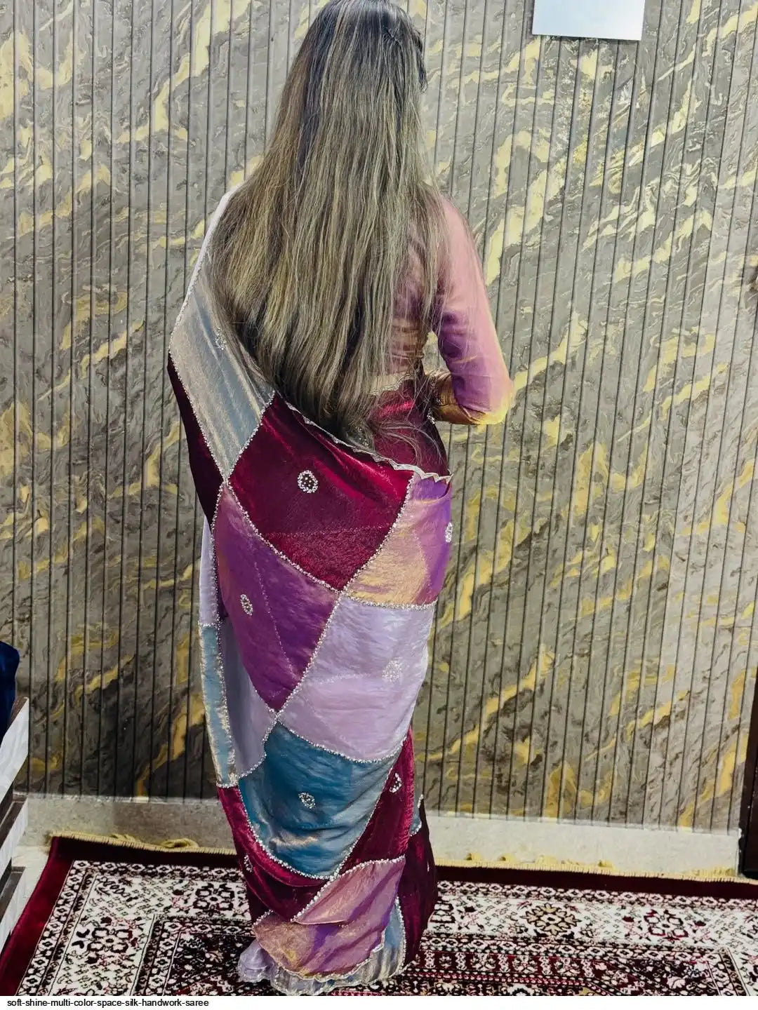 SOFT SHINE MULTI COLOR SPACE SILK HANDWORK SAREE A